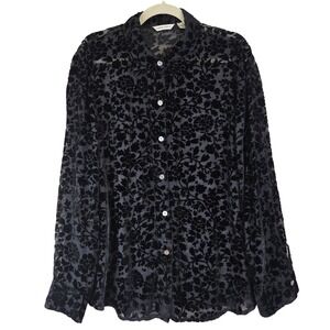 Laura Ashley Black Burnout Velvet Floral Sheer Button Silk Shirt 16 Whimsigoth